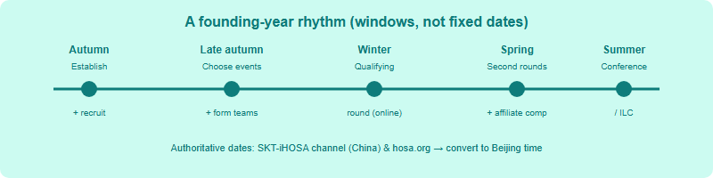 A founding-year HOSA chapter timeline across five windows: autumn establish and recruit, late autumn choose events, winter qualifying round, spring second rounds, early summer conference
