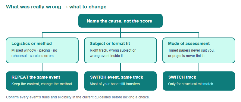 Decision tree: if the cause was logistics or method, repeat the same event with a changed method; if the subject or format was a poor fit, switch event within the same track; if the whole mode of assessment was wrong for you, switch track.