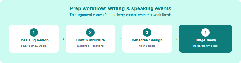 A four-stage preparation workflow for HOSA writing and speaking events: first build a clear thesis or research question, then draft and structure the written work, then rehearse delivery against the clock, ending judge-ready inside the time limit