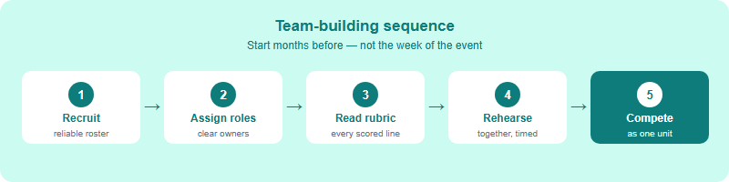 A five-step team-building sequence for HOSA team events: recruit a reliable roster, assign clear roles, read the official rating sheet, rehearse together on a timer, then compete as a coordinated unit