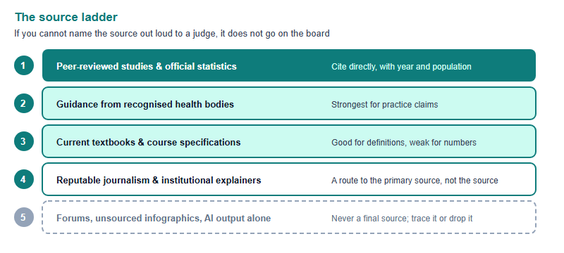 A five-tier source ladder for health claims. Tier one, peer-reviewed studies and official statistics, cite directly. Tier two, clinical or public-health guidance from health bodies, strong for practice claims. Tier three, current textbooks and course specifications, good for definitions. Tier four, reputable journalism and institutional explainers, use to find the primary source. Tier five, forums, unsourced infographics and AI output alone, never a final source.