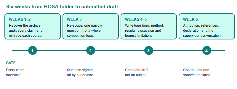 Six-week timeline for converting a HOSA project into a research qualification. Weeks one to two: recover and audit the archive, gate is every claim traceable. Week three: re-scope into one narrow research question, gate is supervisor sign-off. Weeks four to five: write the long form with method and limitations, gate is full draft. Week six: attribution, citations and declaration, gate is submission ready.